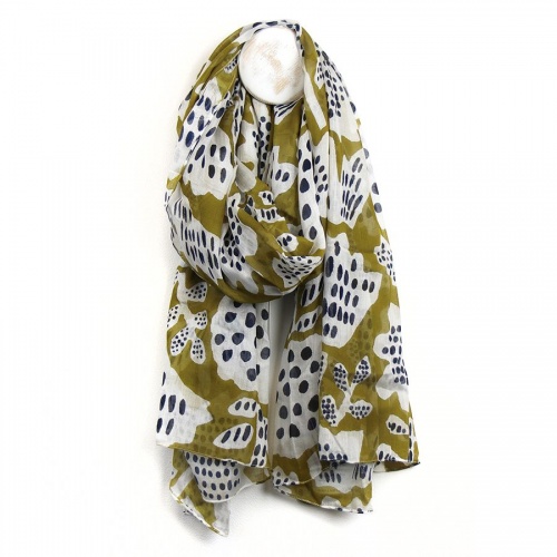 Organic Cotton Olive, Navy & White Abstract Tulip Print Scarf by Peace of Mind